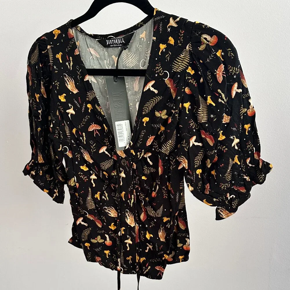Disturbia Liviana Mushroom Print Ruched Vneck Top NWT - US sz 4 (UK 8) - Picture 3 of 3